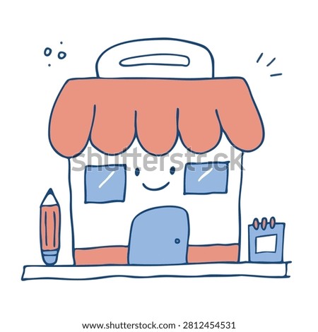 A charming hand drawn illustration of a smiling school building character with a pencil and a notepad placed on the sides.