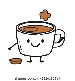 A charming hand drawn illustration of a steaming cup of coffee with a friendly smiling face, arms, and legs, standing next to a small bowl.
