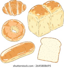 Uma ilustração desenhada à mão encantadora de vários produtos assados e itens de pão. Inclui pão de pão, saleiro, bagel, pão de sanduíche e pães.Perfeito para projetos temáticos de padaria, decoração de menu 