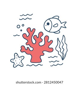 A charming hand drawn illustration of a vibrant coral reef featuring a fish a starfish seaweed and bubbles in a playful doodle style