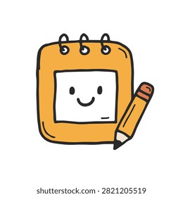 A charming hand drawn illustration of a yellow spiral bound notebook featuring a cute smiling face next to a pencil on a plain background