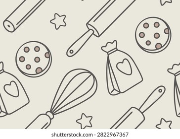 Charming hand drawn kitchen equipment pattern featuring whisks rolling pins and cookies on beige.