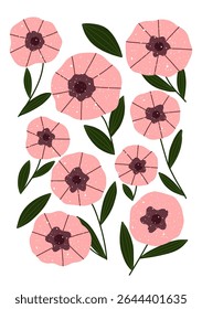 Charming hand drawn pink flowers with dark centers and green leaves.