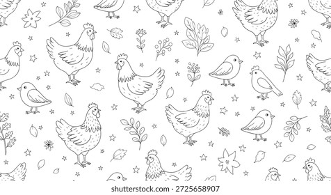 Encantador patrón sin fisuras dibujado a mano con pollos, pájaros Pequeños y Elementos florales en blanco y negro para un tema de granja rústica.