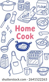 A charming hand drawn set of kitchen tools and cooking utensils surrounding the phrase “Home Cook.” Includes pots, oven, apron, colander, whisk, pan, jars, flour, and more in a playful doodle style. 