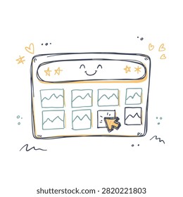 A charming hand drawn sketch of a computer or tablet screen displaying a grid of image thumbnails with a mouse cursor selecting one of them decorated with stars and hearts.