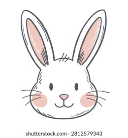 A charming hand drawn sketch of a friendly white bunny face with pink cheeks and long ears