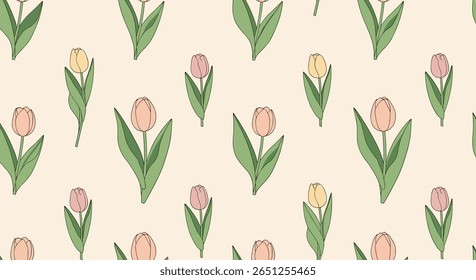A charming hand drawn sketchy tulip pattern in soft pastel colors