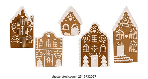 Charming hand drawn vector gingerbread houses with intricate icing designs, perfect for Christmas themes. Ideal for holiday decor, greeting cards, and seasonal illustrations