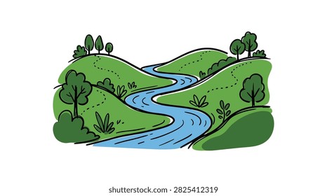 Charming hand drawn vector scenery showing a river winding between rolling grassy hills with trees and small paths