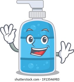 A charming hand wash gel mascot design style smiling and waving hand