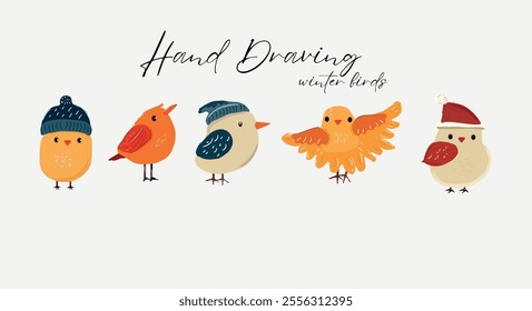 A charming hand-draw vector illustration of five winter birds in playful styles, each wearing festive or cozy winter accessories, such as hats and scarves. Perfect for seasonal greeting cards