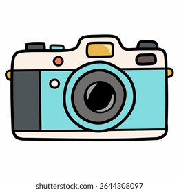 Charming aqua desenhado à mão vintage câmera com lente retro em estilo de desenho animado doodle. Ideal para projetos de design, temas de fotografia e scrapbooking digital.