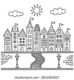 A charming hand-drawn black and white coloring page illustration featuring a whimsical European town with quaint buildings, a cobblestone path, street lamps, a sun, and fluffy clouds.