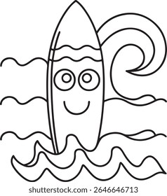 A charming, hand-drawn black and white illustration of a happy surfboard character with big eyes and a smile, riding a stylized wave in the ocean.