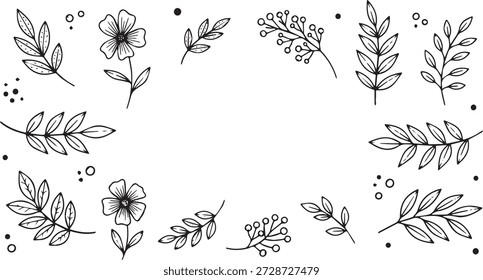 A charming hand-drawn botanical frame featuring an assortment of delicate flowers and various leafy branches, ideal for adding a natural and elegant touch to designs.