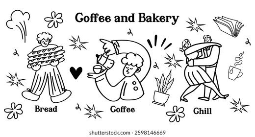 Charming hand-drawn breakfast vector icons! This collection includes adorable outline doodles of toast, smoothies, fruits, coffee, and other morning delights—great for menus, packaging, and cozy break