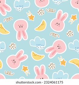 Charming hand-drawn cartoon illustration of a cute rabbit amidst dreamy clouds. Delightful seamless pattern in a flat style, perfect for children's designs. Playful and colorful, it captures the whims