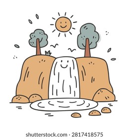 A charming hand-drawn cartoon style illustration of a happy waterfall flowing between cliffs with a smiling sun above and trees on top.