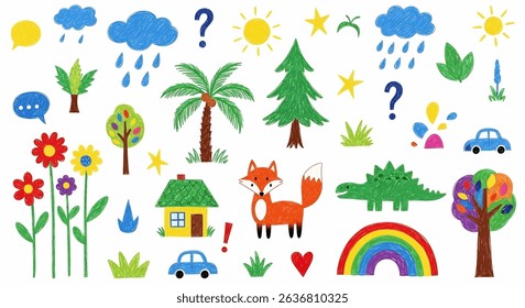 Charming hand-drawn children's doodle set: cute animals (fox, dinosaurs), nature (trees, flowers, sun, clouds), house, car, and playful elements. Ideal for kid-friendly designs