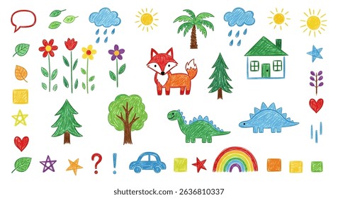 Charming hand-drawn children's doodle set: cute animals (fox, dinosaurs), nature (trees, flowers, sun, clouds), house, car, and playful elements. Ideal for kid-friendly designs