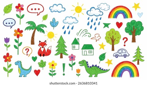 Charming hand-drawn children's doodle set: cute animals (fox, dinosaurs), nature (trees, flowers, sun, clouds), house, car, and playful elements. Ideal for kid-friendly designs
