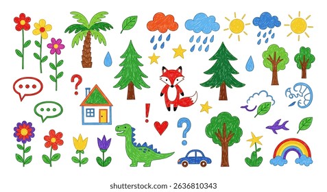 Charming hand-drawn children's doodle set: cute animals (fox, dinosaurs), nature (trees, flowers, sun, clouds), house, car, and playful elements. Ideal for kid-friendly designs