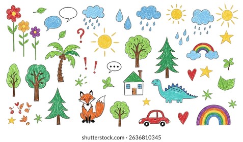 Charming hand-drawn children's doodle set: cute animals (fox, dinosaurs), nature (trees, flowers, sun, clouds), house, car, and playful elements. Ideal for kid-friendly designs
