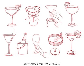 Charming hand-drawn cocktails in sketchy, crayon style with ribbons, and dainty details. Whimsical vector art for bridal brunches, bachelorette parties, and coquette-themed menus.