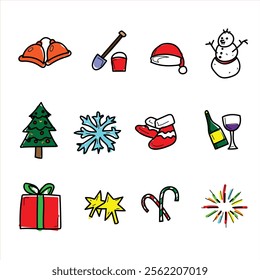 Charming hand-drawn collection of Christmas icons, featuring whimsical designs of a bell, gift box, Christmas tree, beer mug, Santa hat, stocking, fireworks, and candy. Perfect for adding a playful an