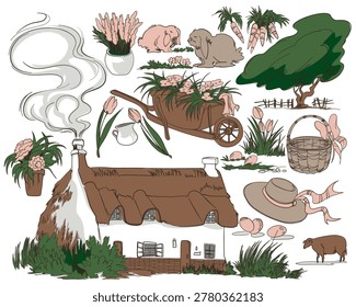 charming hand-drawn collection of cottagecore elements, featuring a thatched house, gardening tools, and farm animals in a cozy, vintage aesthetic.