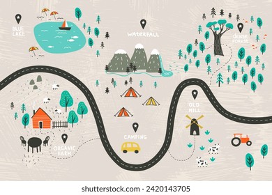 Charming hand-drawn color banner capturing outdoor adventures - campsites, mountains, dense forests, an old mill, organic farms, and a serene blue lake on a textured grey background.