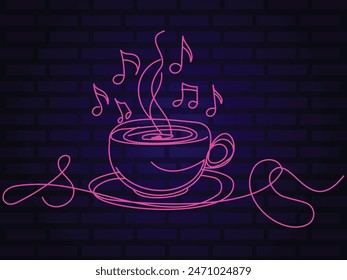 charming hand-drawn continuous line art featuring a cup of coffee with swirling music notes for coffee shop .