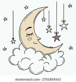 Una encantadora luna creciente dibujada a mano duerme tranquilamente en una nube esponjosa rodeada de estrellas centelleantes.