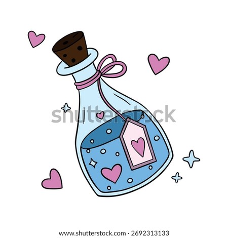 Charming hand-drawn Valentine’s Day poster featuring a magic love potion bottle with hearts and sparkles