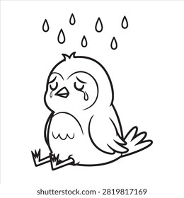 A charming hand-drawn depiction of a tiny, plump bird sitting and weeping under a shower of raindrops, conveying a sense of melancholy and vulnerability.