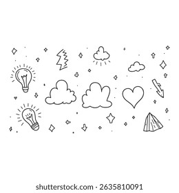 A charming hand-drawn doodle elements set offers a versatile collection for your design projects. This vector illustration features whimsical clouds, light bulbs, hearts, stars, and lightning bolts, 