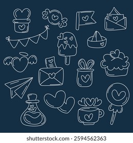 A charming hand-drawn doodle vector set with love-themed elements—hearts, gifts, envelopes, cupcakes, and more. Perfect for Valentine's Day, weddings, cards, stickers, and social media. Editable.