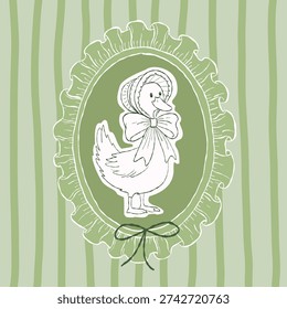 Charming hand-drawn Easter illustration featuring a cute goose wearing a bonnet and bow, placed inside an elegant oval frame with ruffled edges. Soft green striped background and delicate line art create a vintage, cozy, and fabric-inspired look, ideal for Easter cards, nursery art, textile prints, wrapping paper, stationery, and spring home decor.
