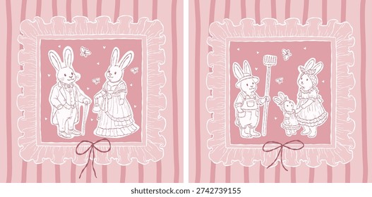 Charming hand-drawn Easter illustration set featuring an elegant bunny couple and a sweet bunny family scene, framed in delicate ruffled borders. Soft white line art on a pastel pink striped background creates a cozy, romantic, and nostalgic aesthetic, perfect for Easter greeting cards, nursery decor, textile prints, wrapping paper, stationery, and spring-themed designs.