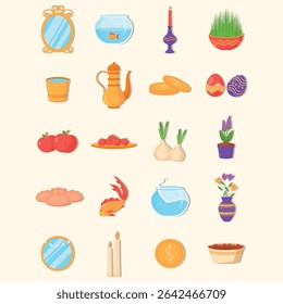 A charming hand-drawn flat illustration set inspired by Nowruz and the traditional Haft-Seen table. Includes symbolic items like goldfish, candles, apples, and colored eggs—perfect for Persian New Yea