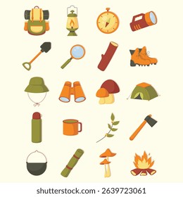 A charming hand-drawn flat-style elements collection themed around camping and hiking. Featuring outdoor essentials such as a backpack,