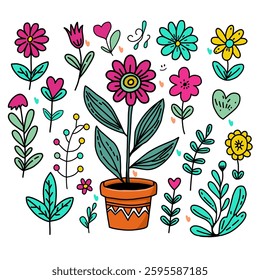 A charming hand-drawn floral illustration featuring colorful flowers, leaves, and a potted plant, perfect for decorative and botanical designs