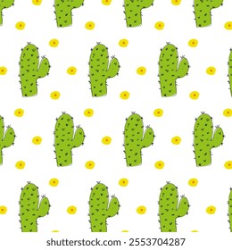 Charming hand-drawn green cactus with needles and vibrant yellow flowers pattern on a white background. This kid-friendly vector design is perfect for children's room decor, playful prints