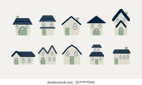 Charming hand-drawn house illustrations with unique roof designs and whimsical windows. Perfect for design projects, prints, or digital artwork.