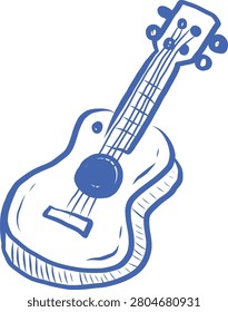 A charming, hand-drawn illustration of a blue ukulele, showcasing its strings, soundhole, and tuning pegs with a clean, artistic style.