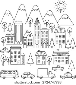 A charming, hand-drawn illustration of a bustling cityscape featuring a variety of buildings, cars, a bus, and a truck, all rendered in a simple, childlike style.