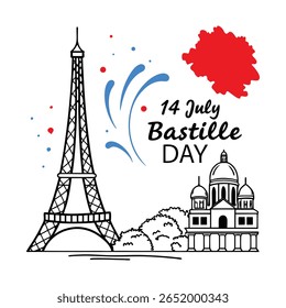 A charming hand-drawn illustration celebrating Bastille Day, featuring the iconic Eiffel Tower, a domed building, and festive blue and red splashes, perfect for French national holiday designs.