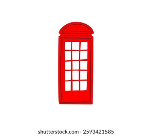 A charming hand-drawn illustration of a classic red telephone booth. Minimalist flat style with clean lines and vibrant colors. London, vintage, communication.