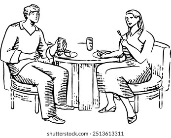 A charming, hand-drawn illustration of a couple enjoying a meal together. Perfect for adding a touch of nostalgic charm to your home decor or relationship-themed projects. This versatile image can be 